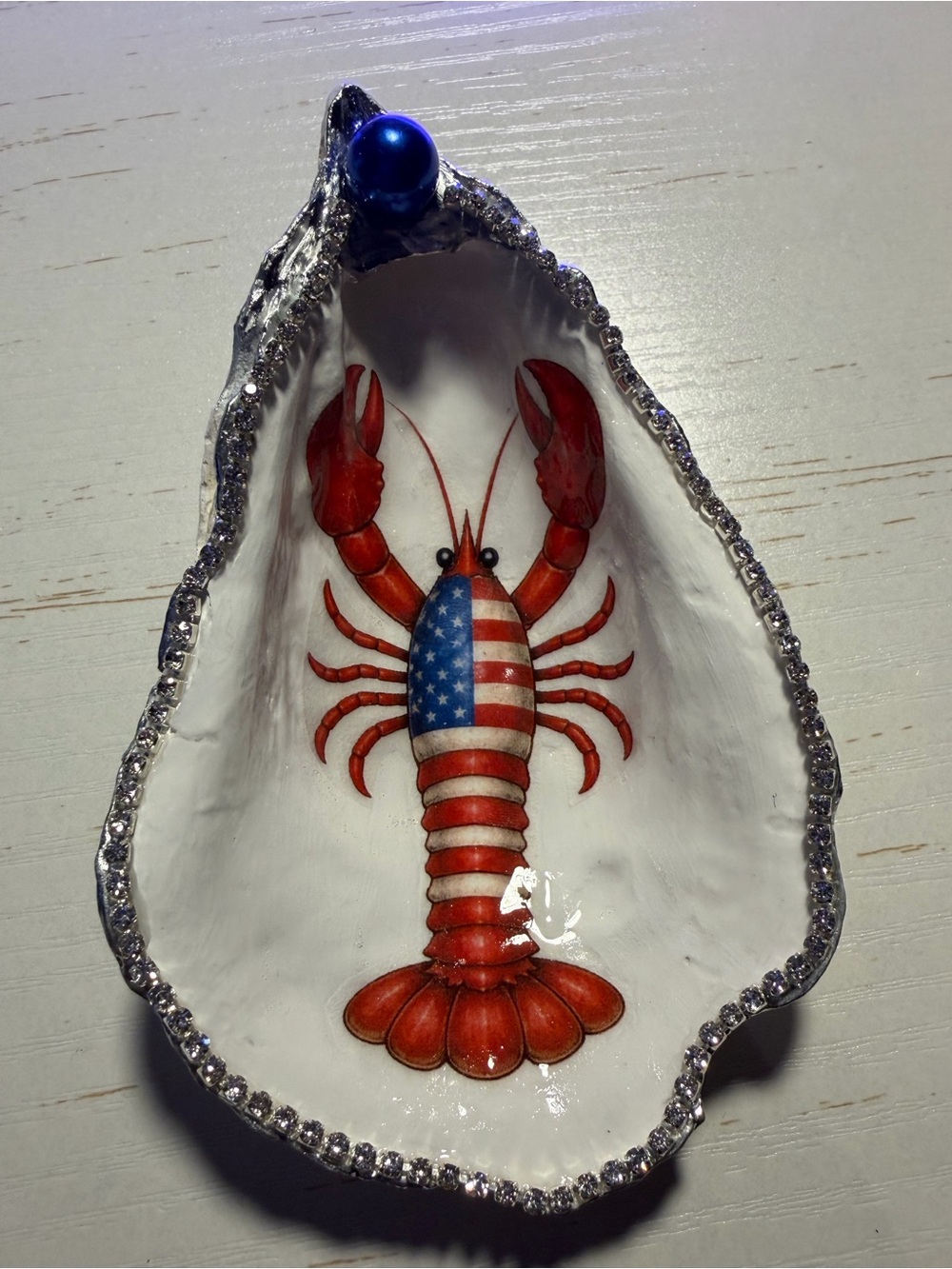 Handmade red patriotic lobster decoupage oyster shell trinket dish